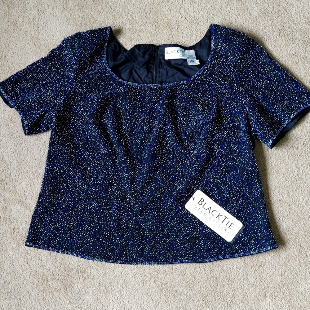 Vintage blue and silver beaded cropped short sleeve blouse